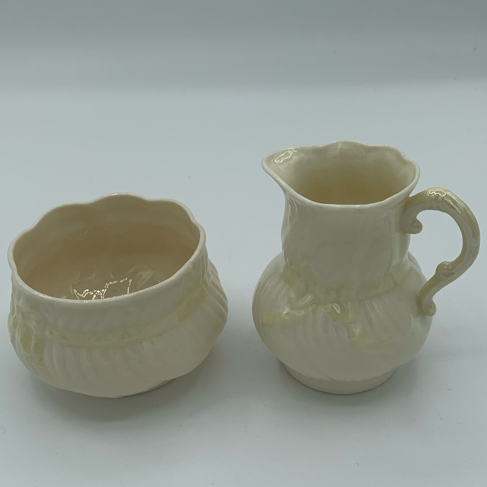 Belleek sugar and creamer ribbon design vintage very good condition